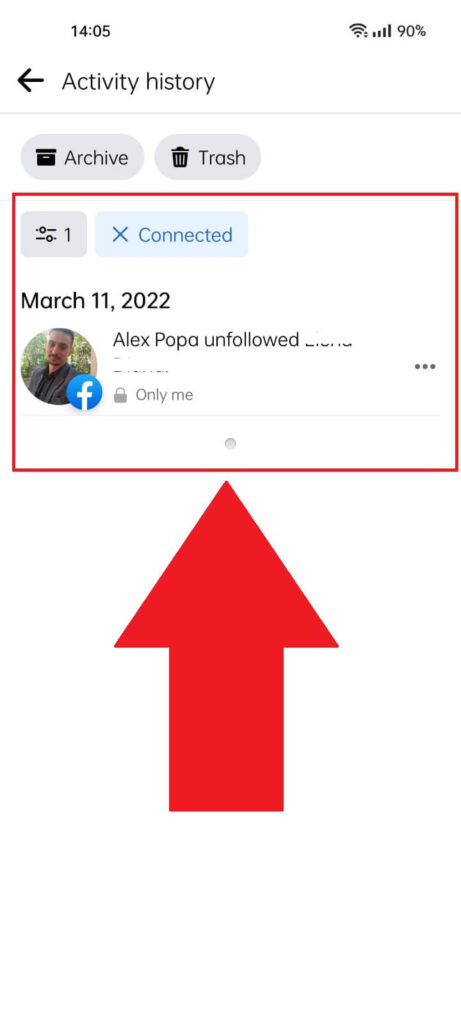 Facebook "Connected/Following" page where the first entry is highlighted in red