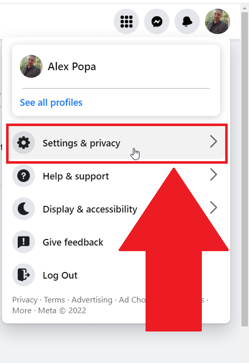 Facebook page showing the options menu revealed by the Profile icon in the top-right corner, and the "Settings & Privacy" option highlighted