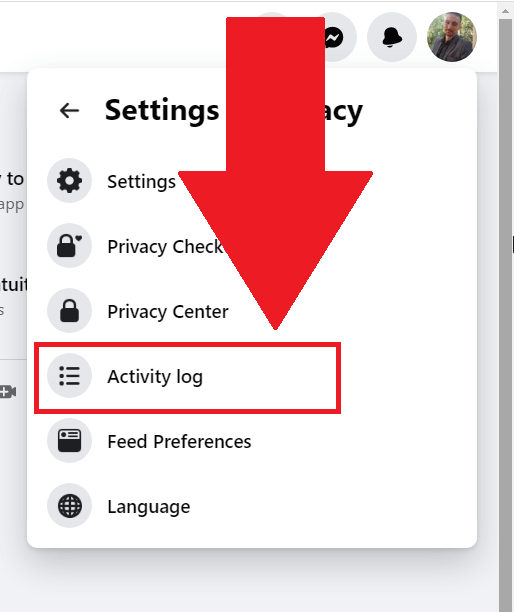 Facebook profile menu showing the "Activity Log" option highlighted in red
