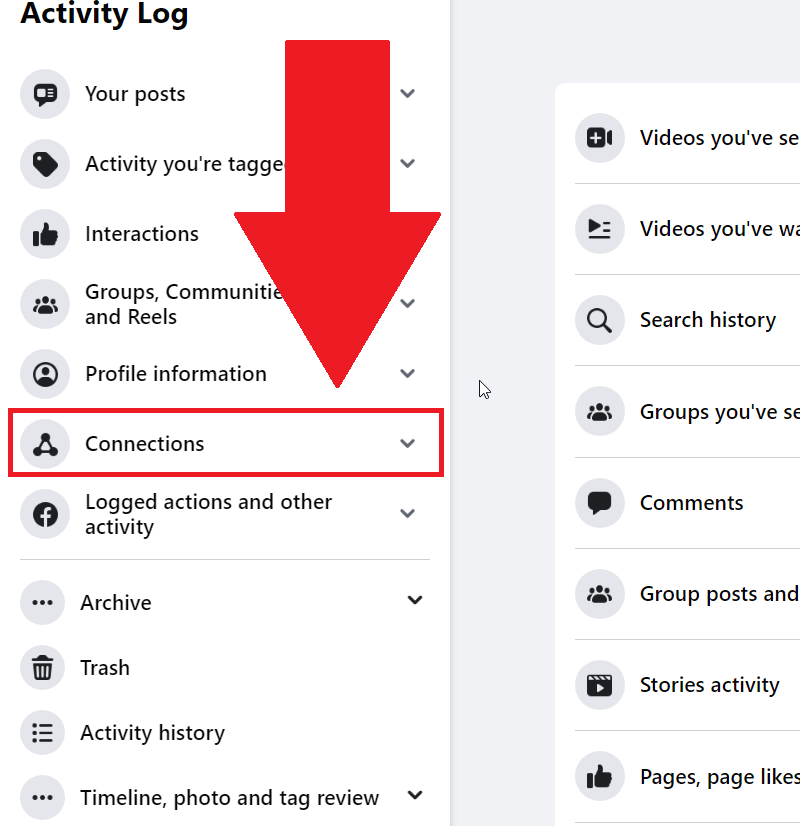 Facebook "Activity Log" page showing the "Connections" option being highlighted in red