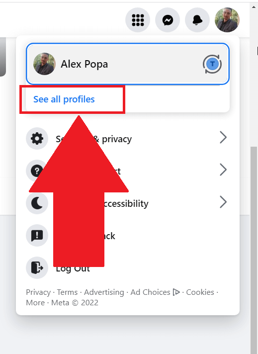 Facebook profile menu showing the "See all profiles" button selected