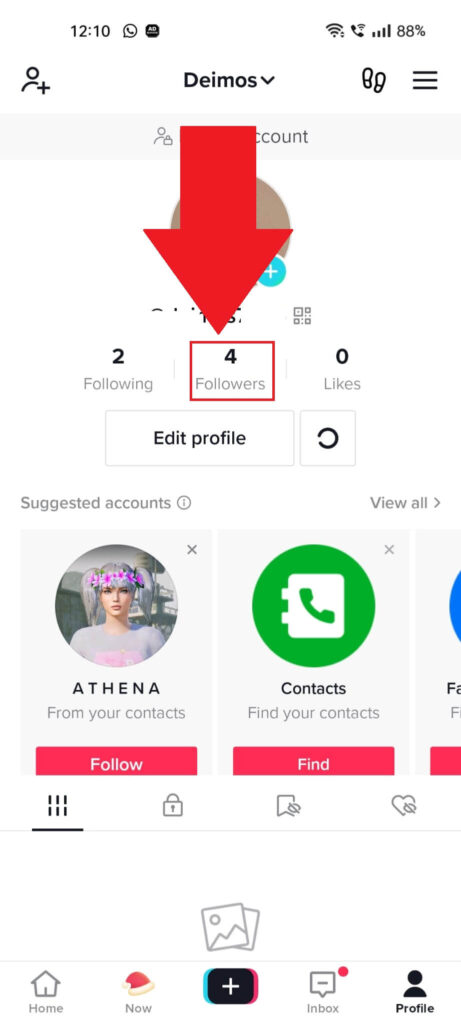 TikTok profile page where the "Followers" button is highlighted in red