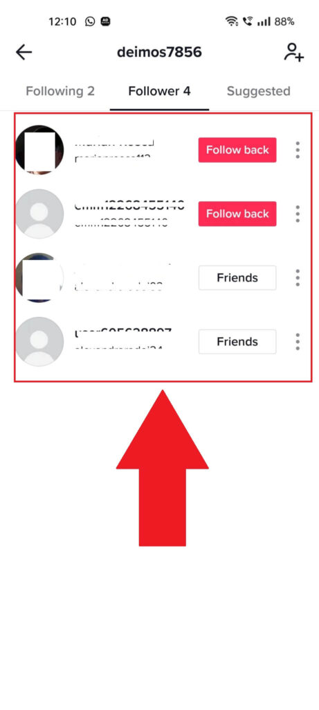 TikTok "Follower" page showing your followers in no particular order