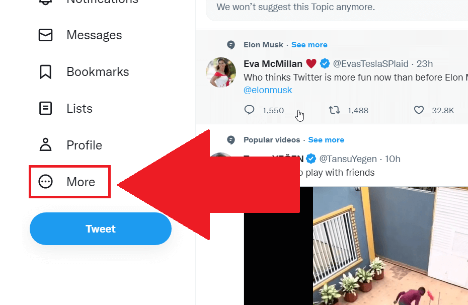 Twitter interface showing the "More" button highlighted on the left-hand side of the Twitter page