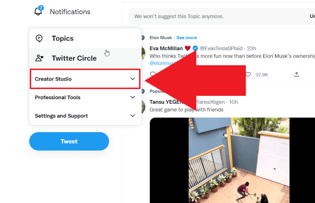 Twitter website showing the "Creator Studio" option highlighted in red