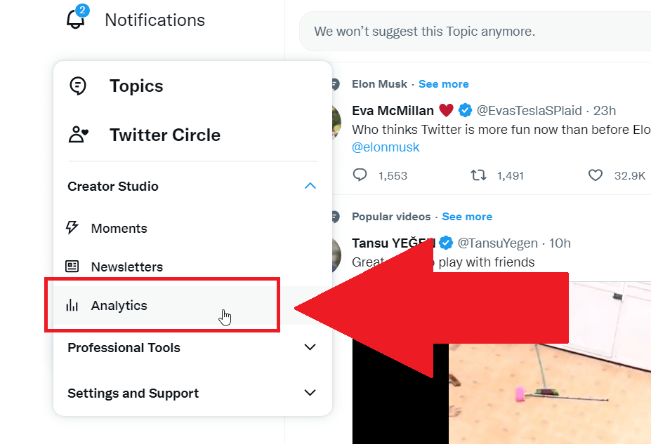 Twitter website showing the "Analytics" option highlighted in red
