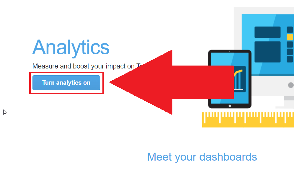 Twitter Analytics page showing the "Turn analytics on" option highlighted in red