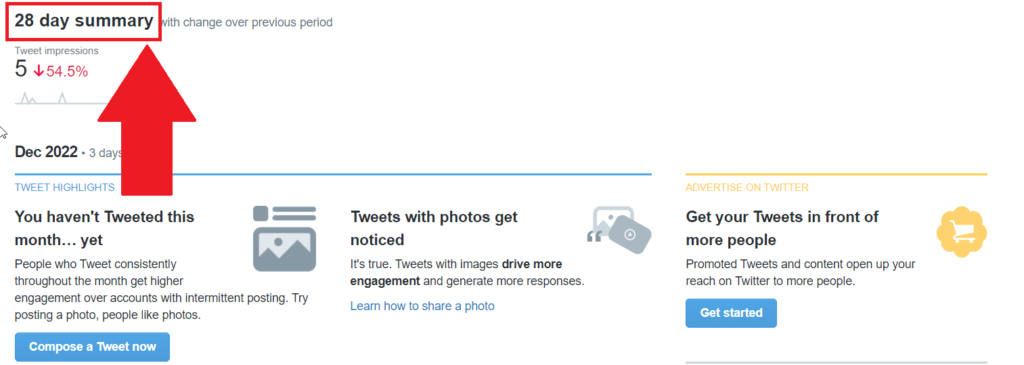 Twitter analytics page where you can see various data about your account, where the "Summary" header is highlighted in red