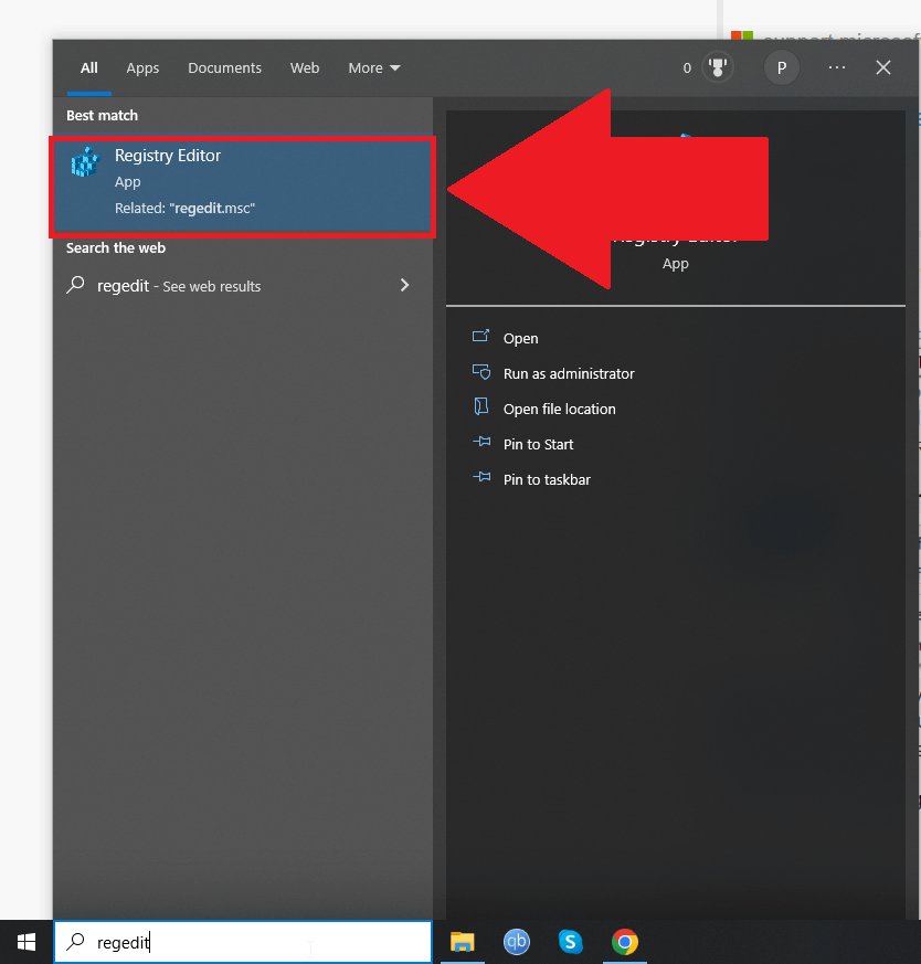 Windows 10 taskbar showing the "Registry Editor" app highlighted