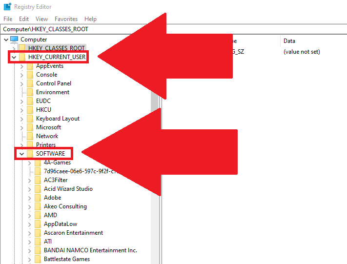 Registry Editor window showing the "HKEY_CURRENT_USER - SOFTWARE" path highlighted