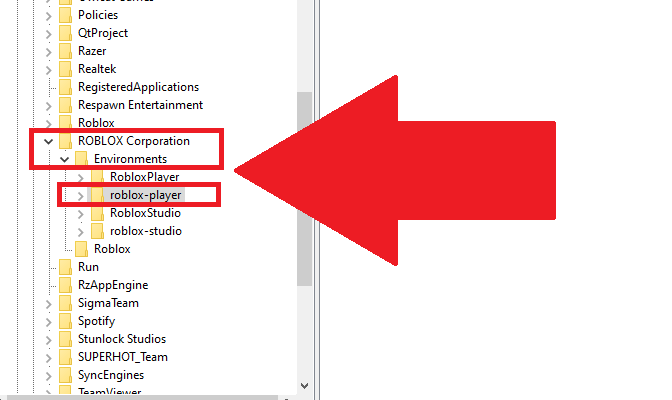 Registry Editor showing the "ROBLOX CORPORATION - Environments- roblox-players" path highlighted