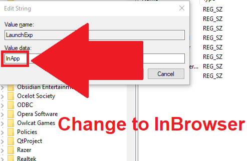 Registry Editor showing the modification screen for the "LaunchExp" registry, with the "InApp" value data highlighted