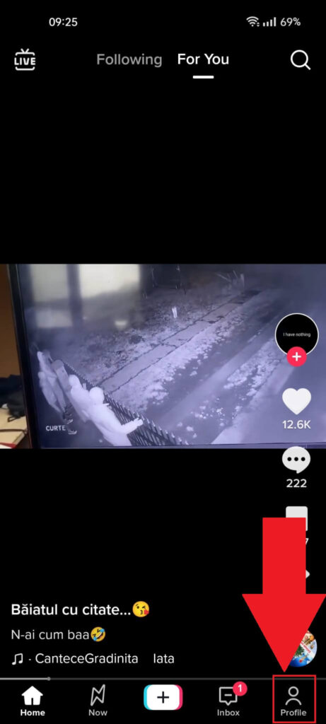TikTok feed on an Android phone showing the "Profile" icon highlighted in red