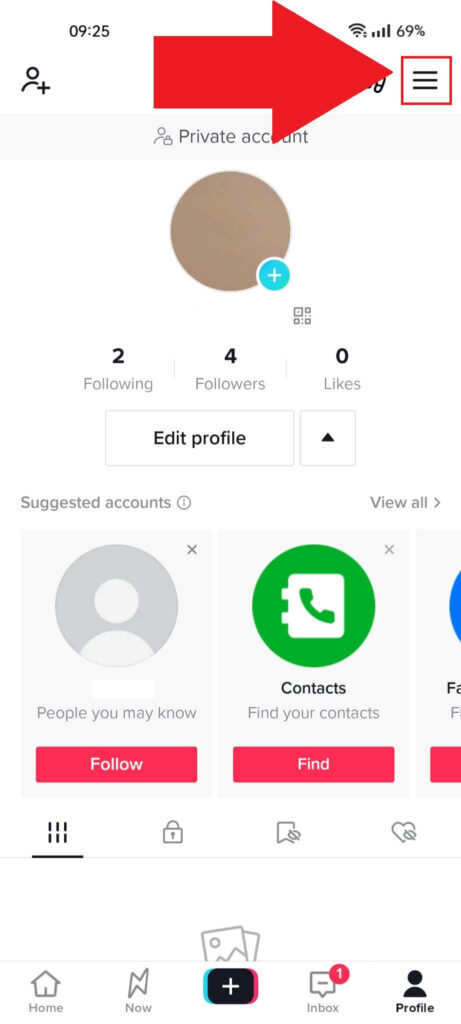 TikTok profile page showing the "Menu" icon highlighted in red