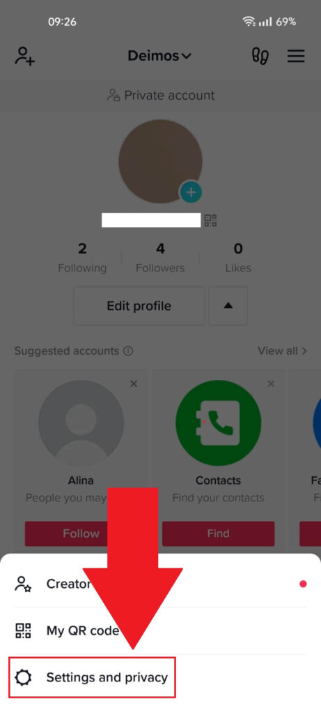 TikTok profile page showing the "Settings and privacy" option highlighted in red