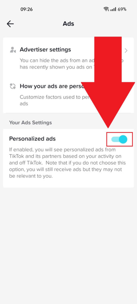 TikTok "Ads" page showing the "Personalized ads" option highlighted