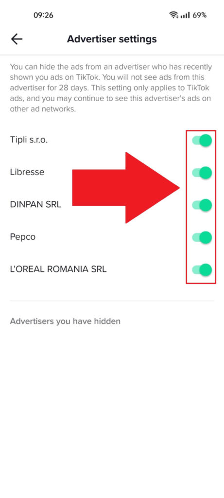 TikTok "Advertiser" settings showing advertiser "enable/disable" buttons highlighted in red