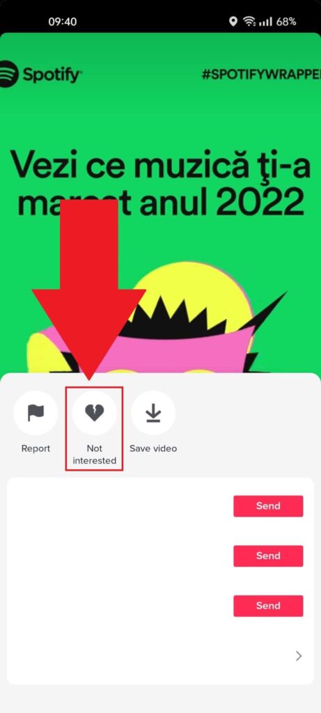 TikTok ad screen showing a contextual menu at the bottom of the page, and the "Not interested" button highlighted