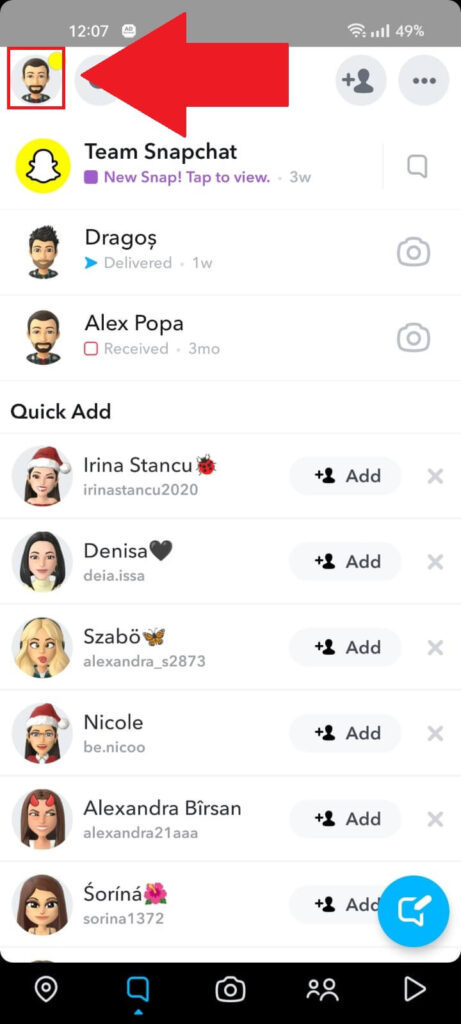 Snapchat Chats page showing the "Profile" icon highlighted in the top-left corner