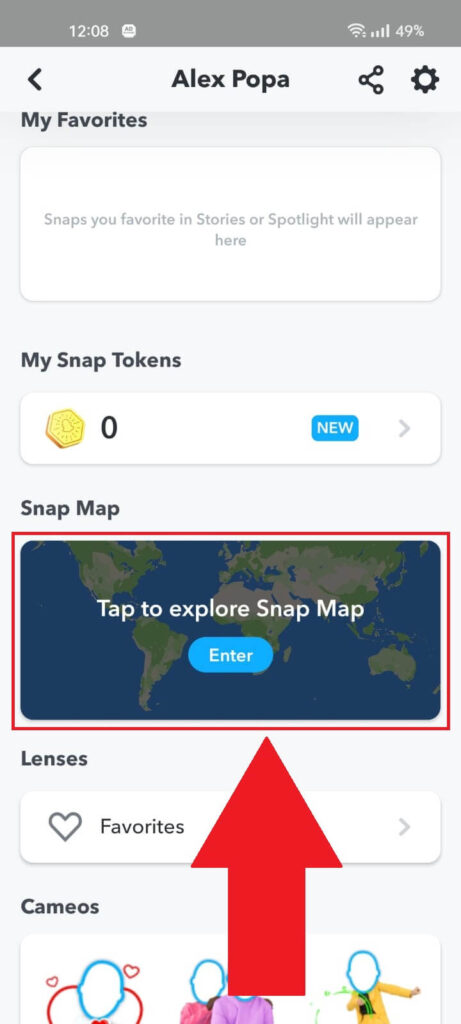 Snapchat Profile Page showing the Snap Map highlighted in red