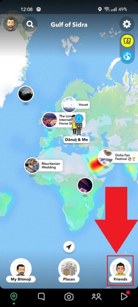 Snapchat Snap Map where the "Friends" icon is highlighted in the bottom-right corner