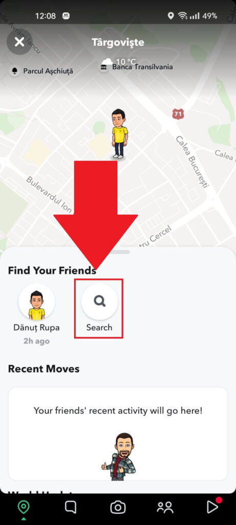 Snap Map "Find Your Friends" function where the "Search" icon is highlighted in red