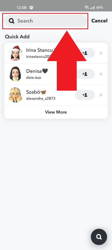 Snapchat "Search Friends" page on the Snap Map, showing the search bar highlighted in red