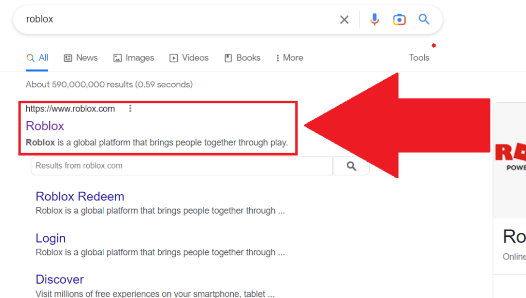 Google Chrome search results showing the "Roblox" website highlighted in red