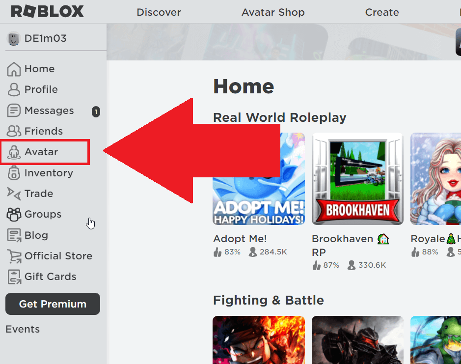 Roblox website where you can see the "Avatar" option highlighted on the left-hand side menu