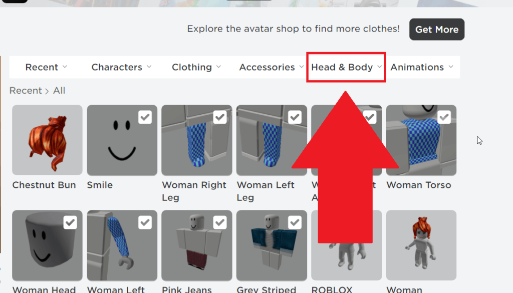 Roblox avatar interface where the "head & Body" menu is highlighted