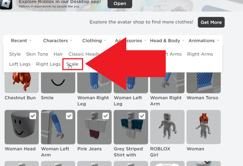 Roblox avatar editing interface showing the "Scale" option under the "Head & Body" menu highlighted in red
