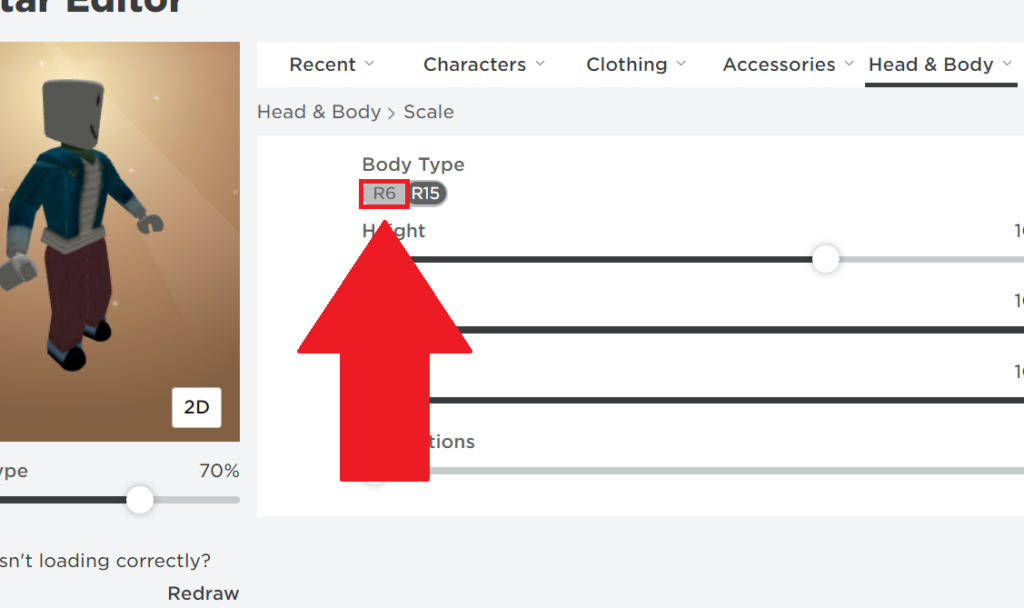 Roblox avatar scaling settings showing the "R6" option highlighted in red