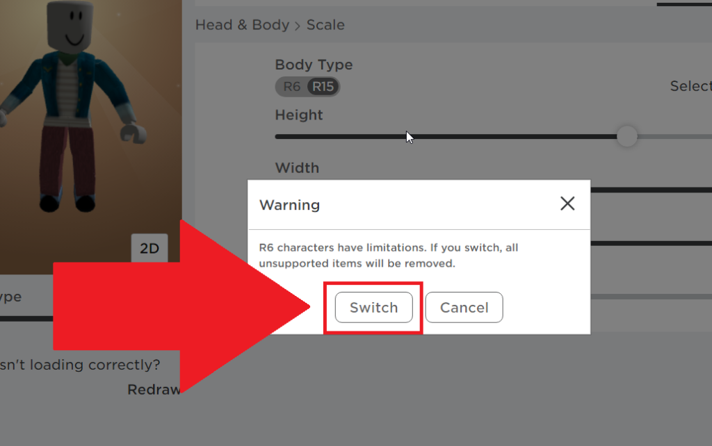 Roblox warning about switching to the R6 body type, with the "Switch" button highlighted in red