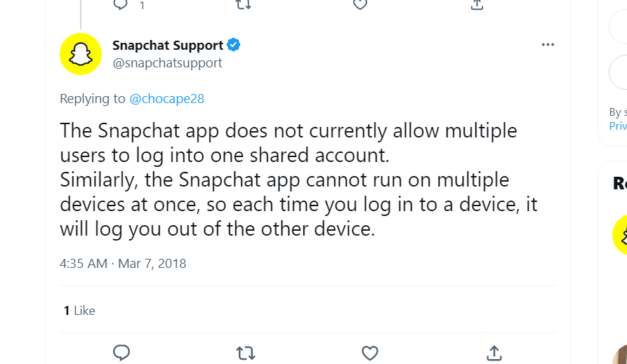 Tweet showing the official Snapchat Support account saying that users can't use the same account on multiple devices simultaneously