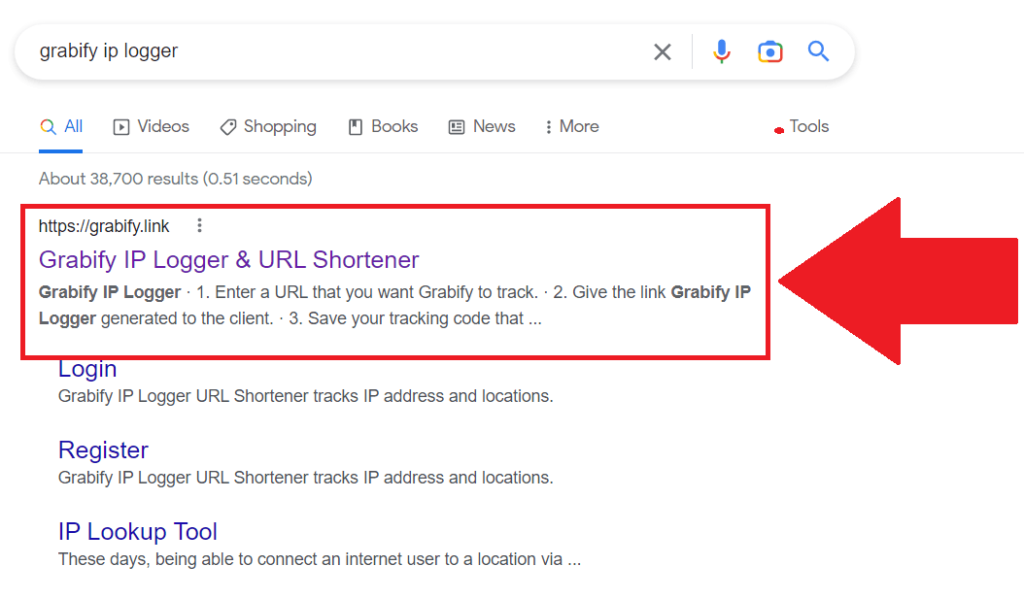 Google search results showing the "Grabify IP Logger" website highlighted in red