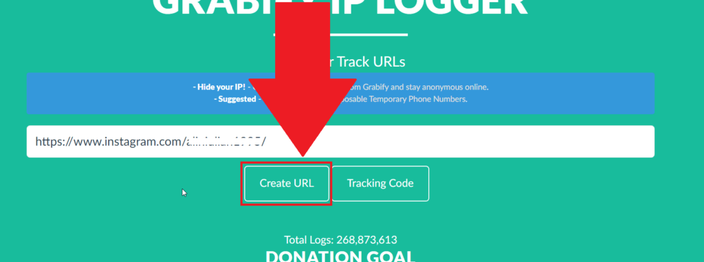Grabify IP Logger website showing the pasted Instagram link and the "Create URL" button highlighted