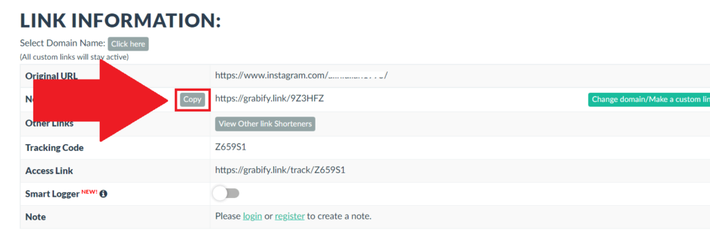 Grabify IP Logger showing a page with the newly-created IP logging link and the "Copy" button highlighted in red