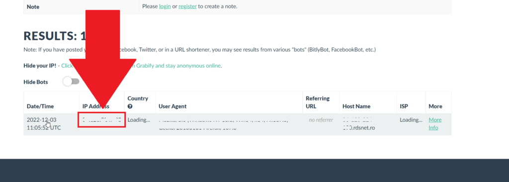 Grabify IP Logging page showing the newly-obtained IP address highlighted in red