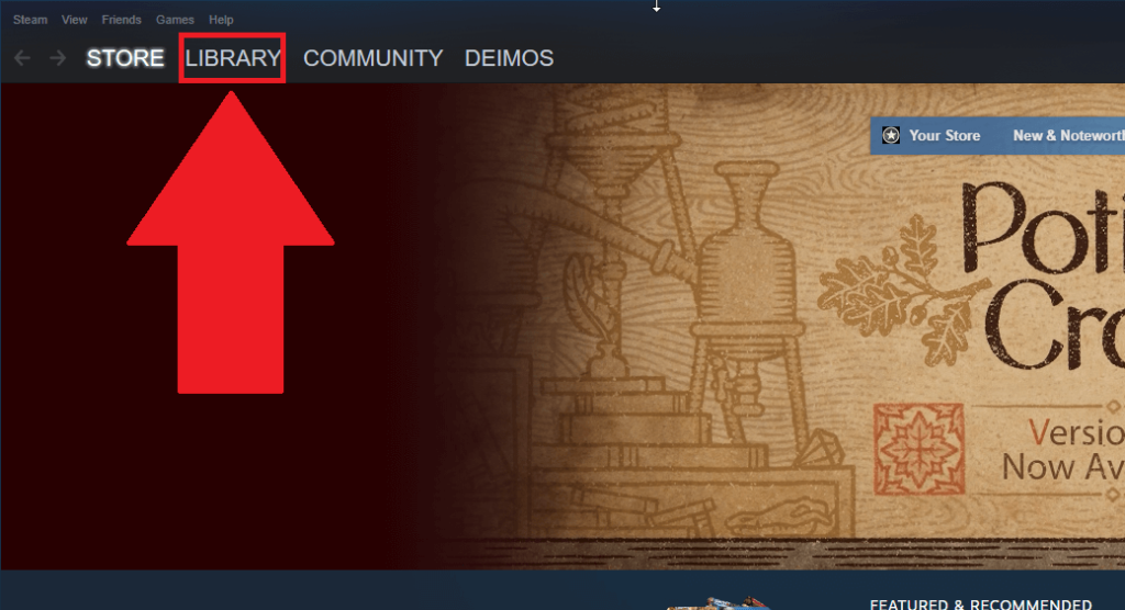 Steam window showing the "Library" menu highlighted in red