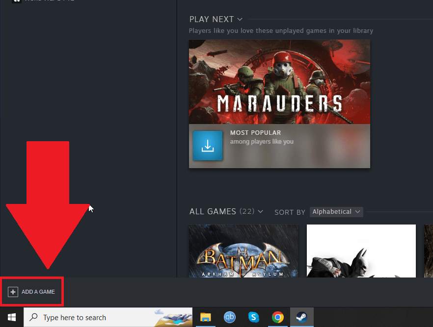 Steam Library showing the "Add a game" button selected in the bottom-left corner