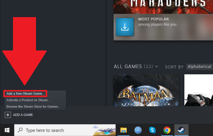 Steam Library showing the "Add a Non-Steam Game" option highlighted in red