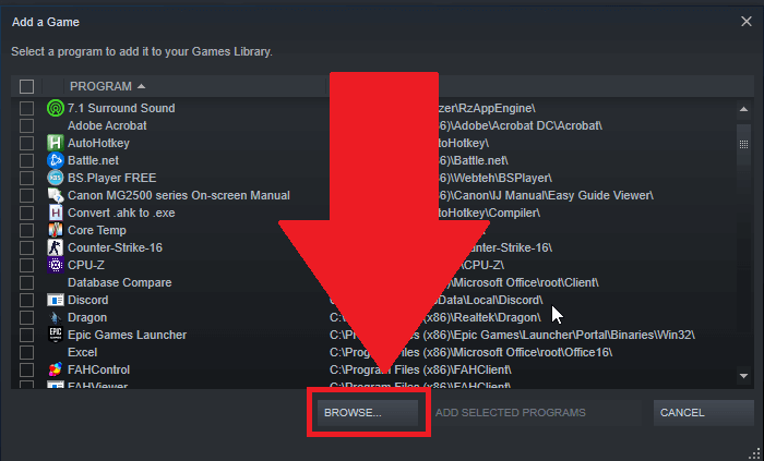 Steam "Add a game" window where the "Browse" button is highlighted