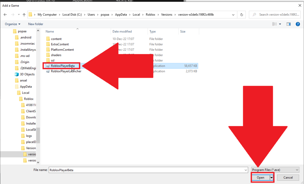 Windows Explorer showing the "RobloxPlayerBeta" app and the "Open" option highlighted
