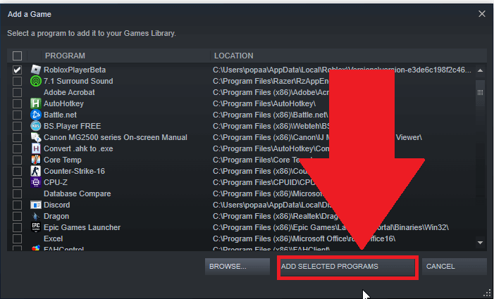 Steam "Add a Game" window showing the "Add selected programs" button highlighted