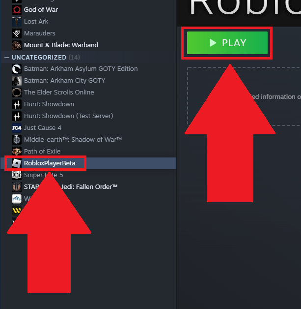 Steam game list showing the "RobloxPlayerBeta" game and "Play" button highlighted
