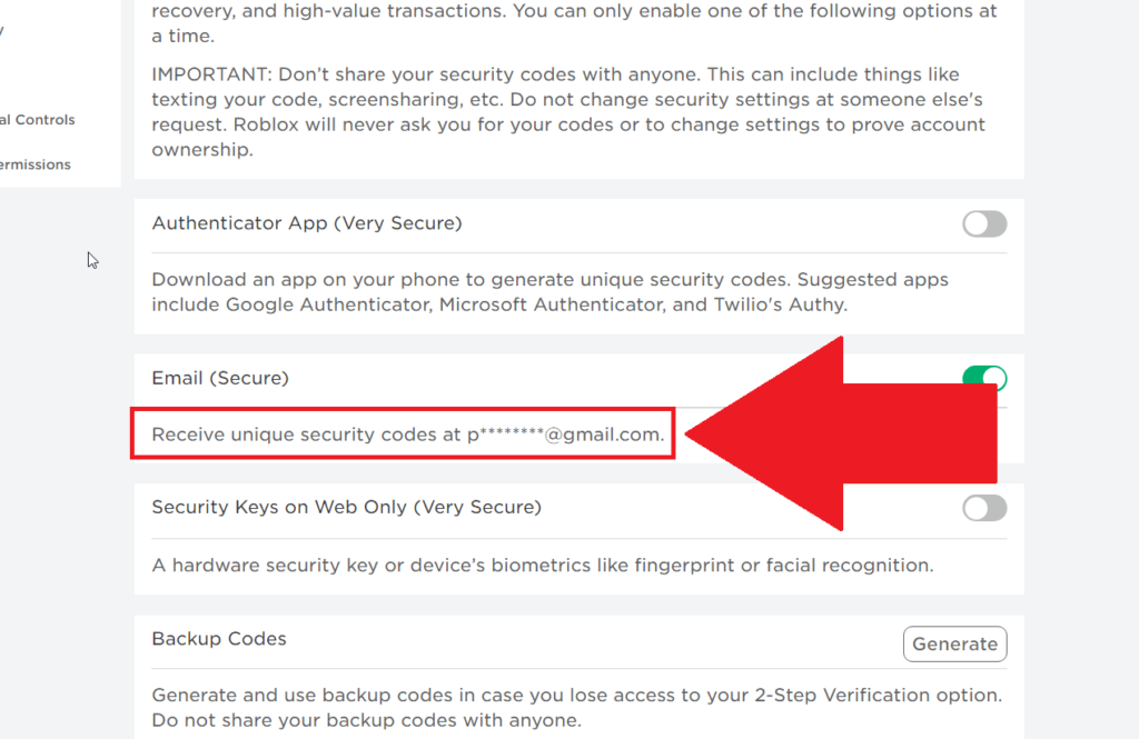 Roblox security settings showing the email address where you receive the verification code