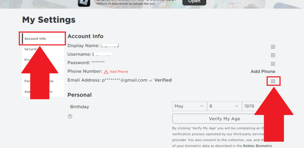 Roblox "My Settings" page showing the "Account Info" and the edit icon next to the "Email Address" heading highlighted in red