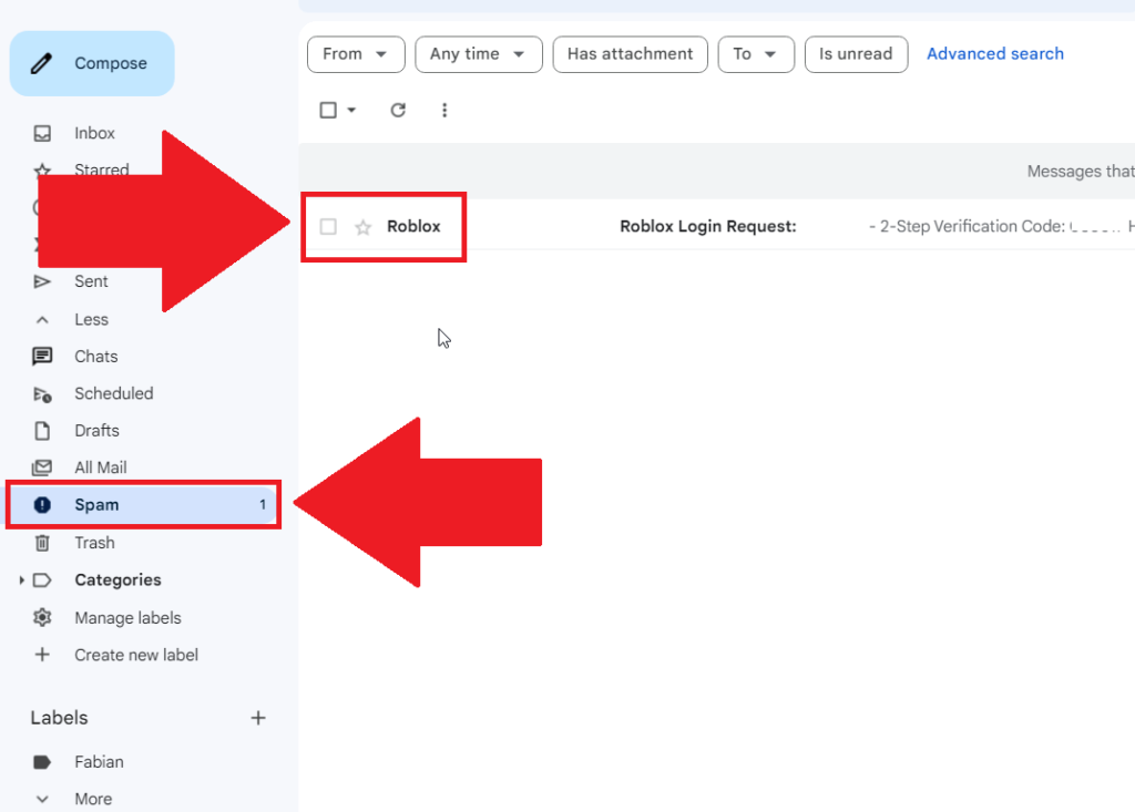 Gmail screen showing the Roblox verification email in the Spam folder, both highlighted in red
