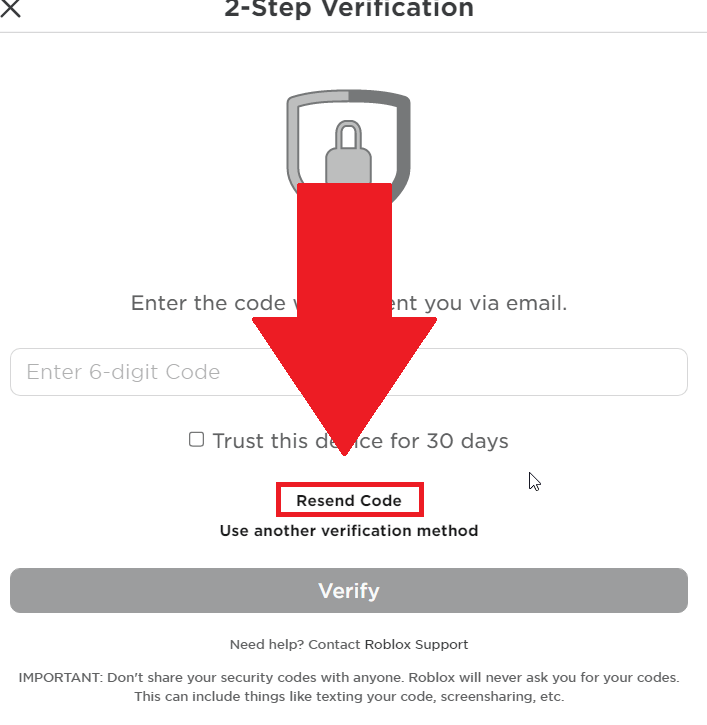 Roblox 2-Step Verification window showing the "Resend Code" highlighted in red