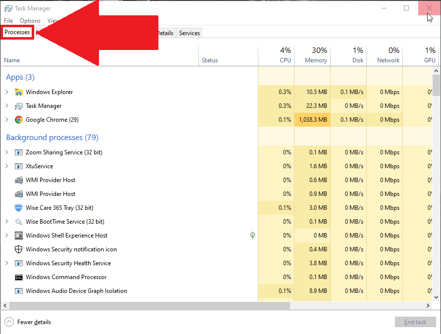 Windows 10 Task Manager showing the "Processes" tab highlighted in red